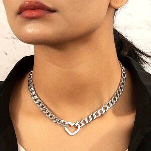 Chunky Choker Necklace Heart Cuban Chain Bold Statement Silver Sexy Exaggerated